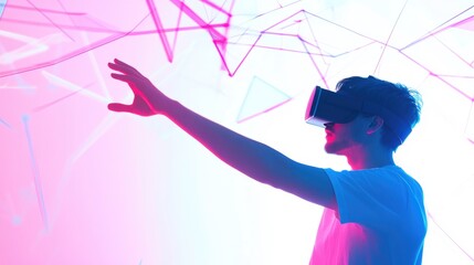 Wall Mural - Young man in VR headset reaches out to virtual world, bathed in colorful light.