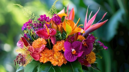 Poster - A stunning bouquet fills the space with the colors and beauty of tropical flowers, showcasing lush orchids and striking birds of paradise. Generative AI