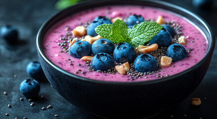 Wall Mural - close up of a bowl of  yogurt with blueberries and nuts, generative ai