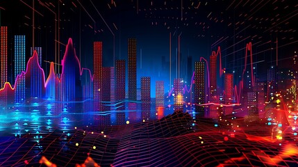 Wall Mural - futuristic city view with neon light skyscrapers.