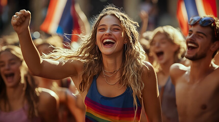 Wall Mural - A joyful crowd celebrating with flags at a vibrant event.