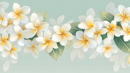 A flat vector illustration of a Plumeria border, intricate pattern with overlapping flowers , With some space in the area for text, soft pastel shades, painted with subtle textures