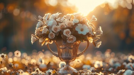 A trophy adorned with flowers reflects nobility and glory under the sunlight. sophisticated elements. Generative AI.