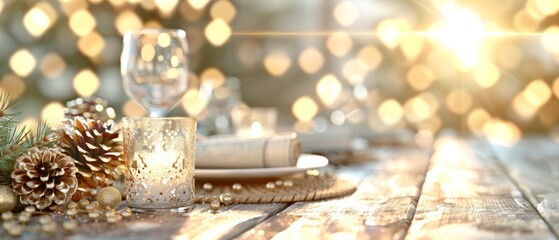 Wall Mural - A beautifully arranged holiday table setting with candles, pinecones, and glowing lights, creating a warm festive atmosphere.