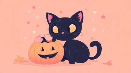 A cute black cat sitting beside a smiling pumpkin, surrounded by autumn leaves and a playful autumn theme.