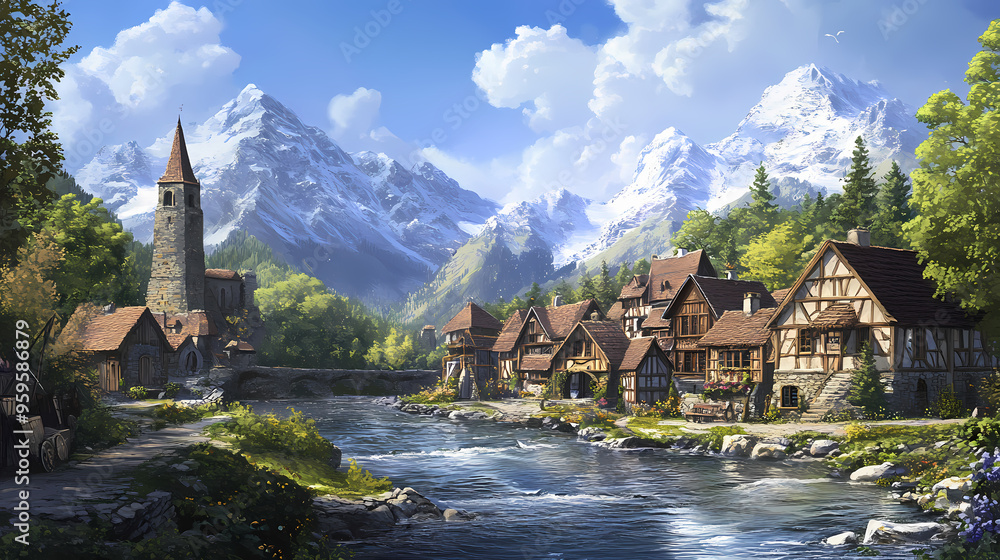 Small fantasy village by a river with mountains in background. Medieval ...