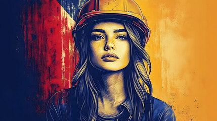 Poster - A portrait of a woman in a construction helmet with a vibrant background.