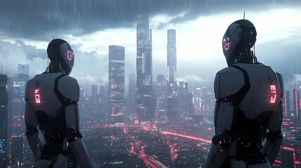 Two futuristic robots standing in a dystopian city landscape with tall skyscrapers , neon lights , and a stormy sky in the background. Dystopian. Illustration