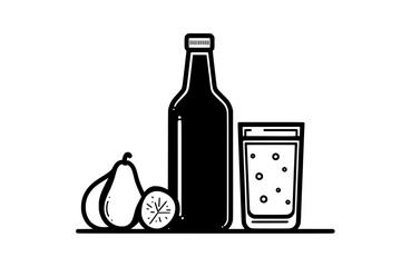 Bottle of cider next to a glass filled with liquid and a slice of pear, vector illustration art