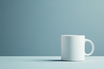 Wall Mural - White Mug on a Light Blue Surface with a Blue Background