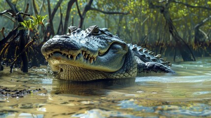 Close up of a Crocodile s Head Emerging from Water in a Mangrove Forest