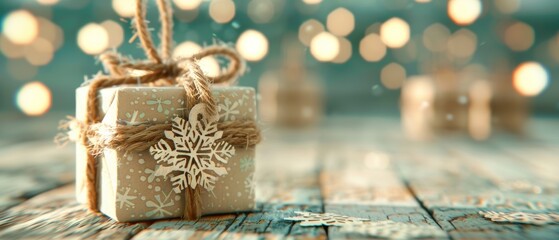 A beautifully wrapped gift with a snowflake ornament, set against a dreamy bokeh background, perfect for holidays and celebrations.