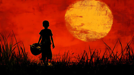 Canvas Print - A silhouette of a child against a vibrant sunset background.