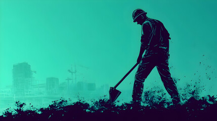 Canvas Print - A silhouette of a worker digging on a construction site.