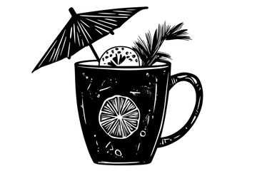 Tropical cocktail in ceramic mug with umbrella and fruit garnish, vector illustration art