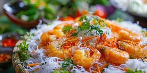 Wall Mural - Close-up perspective of a Vietnamese specialty featuring fried shrimp on sugar cane, accompanied by vermicelli, sweet sauce, and fresh vegetables.