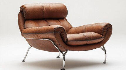 Modern leather and metal lounge chair placed on a white background