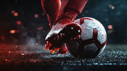 Close-Up of Soccer Player's Foot Kicking Ball on Wet Field Under Dramatic Lighting