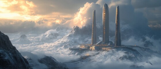 Poster - Futuristic Towers Emerging From Snowy Mountains at Sunset