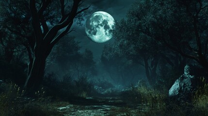 a mysterious moonlit forest path with large trees casting long shadows and a full moon in the sky.