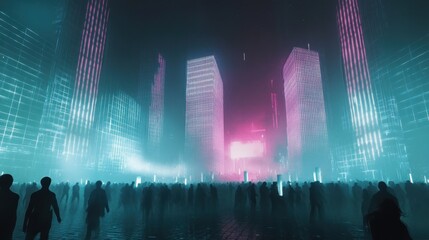 Poster - Neon Cityscape with Silhouetted Crowd abstract  background