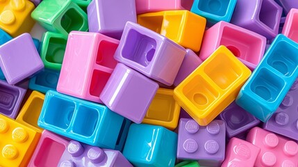 Close-up of scattered plastic blocks with vibrant hues, creating an organized mess on a play table, colorful blocks, creative chaos fun