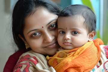 indian mother carrying little child