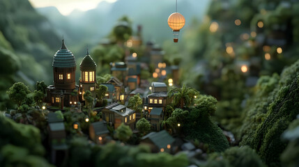 Sticker - A whimsical village nestled in lush greenery with a hot air balloon.