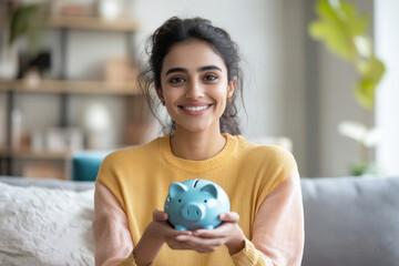 young indian woman holding piggy bank