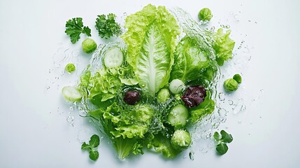 Fresh vegetables splashing in water, highlighting their freshness and vitality.