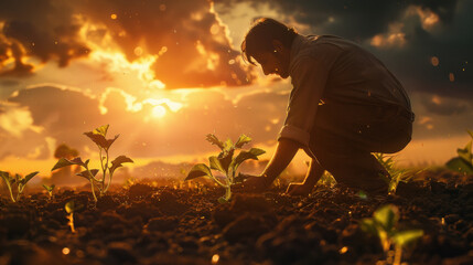 Wall Mural - young man planting seeds at farm