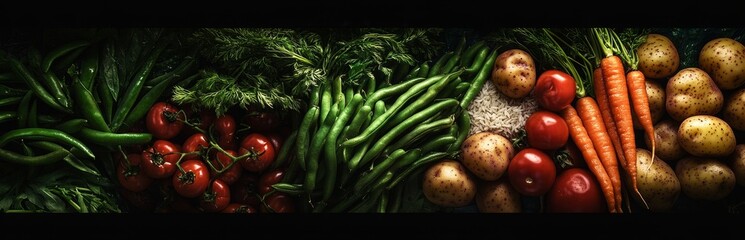 Wall Mural - Fresh vegetables, including tomatoes, green beans, carrots and potatoes, on a dark background.