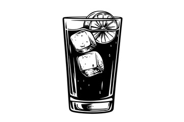 Wall Mural - Clear glass filled with cola, ice cubes, and a thin straw placed inside, vector illustration art