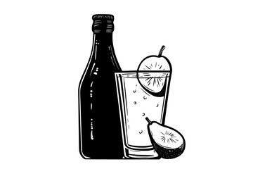 Wall Mural - Glass bottle with a filled glass, featuring an apple slice and ice cubes, vector illustration art