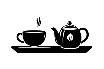 Teacup filled with black tea beside a matching teapot on a tray, vector illustration art