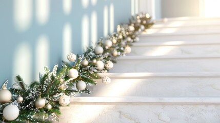 Poster - Beautifully decorated staircase with festive greenery and ornaments, creating a warm holiday atmosphere.