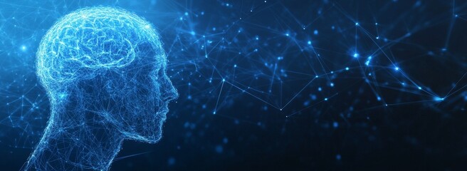 Poster - A digital representation of a human brain, glowing with blue light, against a dark background with a network of interconnected lines.