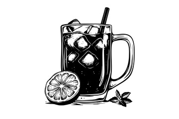 Wall Mural - Glass mug holding lemonade with visible lemon slices and ice cubes, vector illustration art