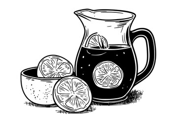 Wall Mural - Lemonade in glass pitcher with lemon slices, set beside a small bowl, vector illustration art