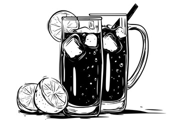 Wall Mural - Lemonade in tall glass with lemon wedge garnish beside a pitcher, vector illustration art