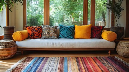 Eclectic bohemian living room with a colorful mix of patterned throw pillows in tribal designs, scattered on a cozy sofa. The space is complemented by wooden accents, woven decor, and soft,