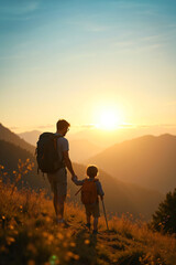 family trekking in beautiful alpine landscape