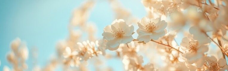 Delicate white flowers bloom on a branch against a soft blue sky.