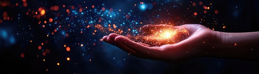 A human hand cradling a miniature galaxy, glowing stars and nebulae, cosmic power and creation, surreal and mystical scene