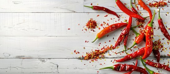 chili pepper assortment on a white wooden table background. Copy space image. Place for adding text and design