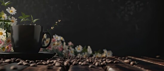 Wall Mural - Hot black coffee and roasted coffee beans with flowers set on the table side view. Copy space image. Place for adding text and design