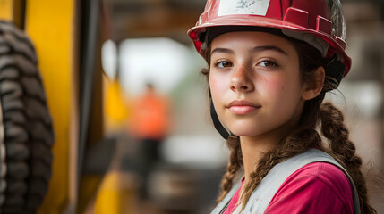 Poster - A young girl in a hard hat, posing at a construction site.