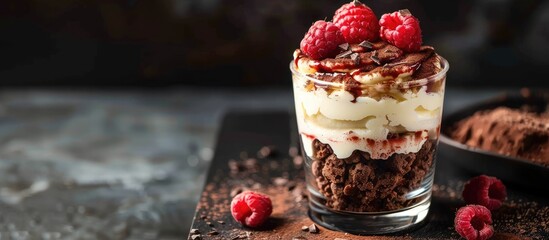 Canvas Print - Tiramisu dessert served in a glass Tiramisu cream topped with raspberry and chocolate. Copy space image. Place for adding text and design