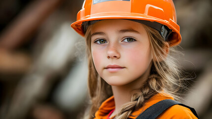 Poster - A young girl in a safety helmet poses confidently outdoors.