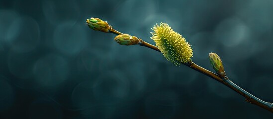 Poster - Hello Spring Easter Easter backdrop Soft and fluffy willow bud against a dark abstract background Close up Selective focus copyspace available side view